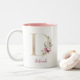 Gouden Letter D, Monogram D, Roze Bloemensierad Ge Tweekleurige Koffiemok