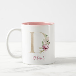 Gouden Letter D, Monogram D, Roze Bloemensierad Ge Tweekleurige Koffiemok