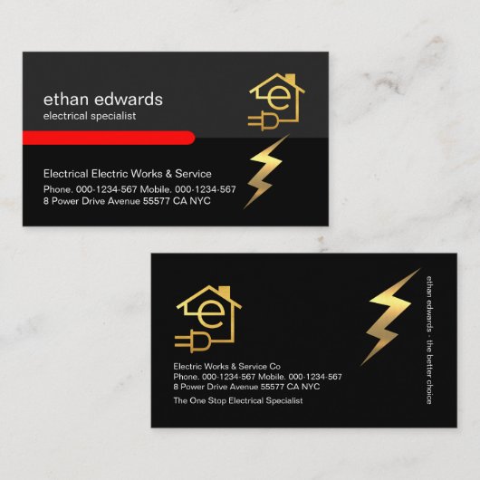 Gouden letter E Elektricien Lightning Service Visitekaartje (Voorkant / Achterkant)