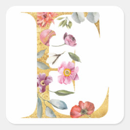 Gouden letter E met bloemen Vierkante Sticker