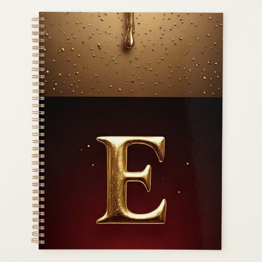 Gouden Letter E Monogram Met Druppelende Metaal Planner (Voorkant)
