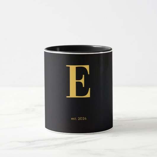 Gouden Letter E Zwarte Mok | Minimalistische Monog (Midden)