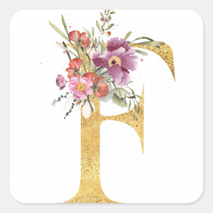 Gouden letter F met bloemen Vierkante Sticker