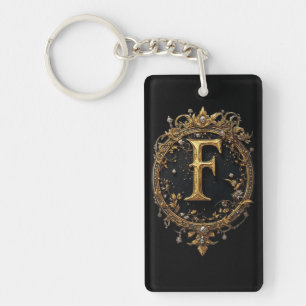 Gouden letter F met edelstenen barokke versiering Sleutelhanger