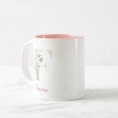 Gouden Letter F, Monogram F, Roze Bloemensiercadea Tweekleurige Koffiemok (Voorkant links)