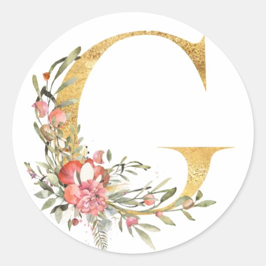Gouden letter G met bloemen Ronde Sticker (Voorkant)