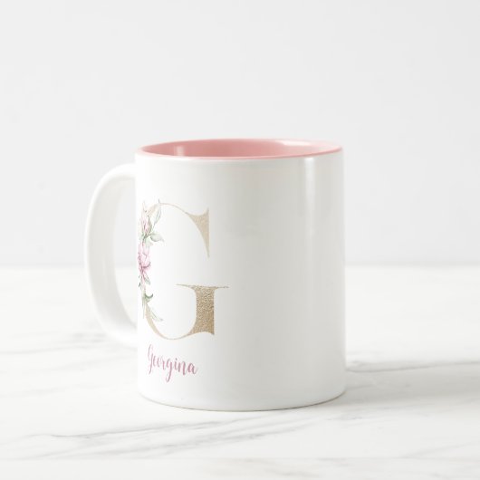 Gouden Letter G, Monogram G, Roze Bloem Geschenk H Tweekleurige Koffiemok (Voorkant links)