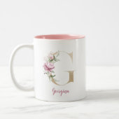 Gouden Letter G, Monogram G, Roze Bloem Geschenk H Tweekleurige Koffiemok (Links)