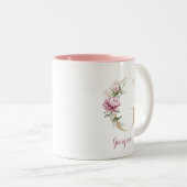 Gouden Letter G, Monogram G, Roze Bloemenschenking Tweekleurige Koffiemok (Voorkant rechts)