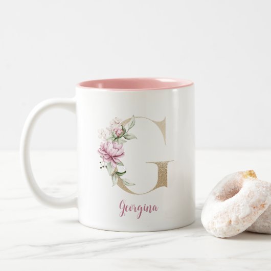 Gouden Letter G, Monogram G, Roze Bloemenschenking Tweekleurige Koffiemok (Met donut)