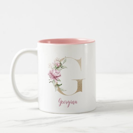 Gouden Letter G, Monogram G, Roze Bloemenschenking Tweekleurige Koffiemok (Links)
