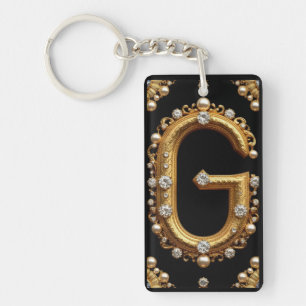 Gouden Letter G Monogram Met Diamanten en Parels Sleutelhanger