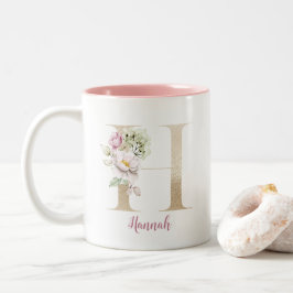 Gouden Letter H, Monogram H, Roze Bloemensier Gesc Tweekleurige Koffiemok