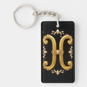 Gouden Letter H Monogram Met Diamanten en Parels Sleutelhanger