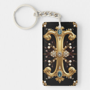 Gouden Letter I Monogram Met Diamanten en Parels Sleutelhanger