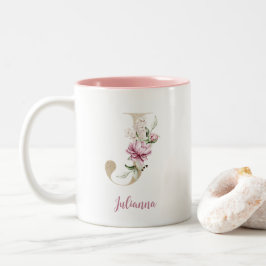 Gouden Letter J, Monogram J, Roze Bloem Geschenk H Tweekleurige Koffiemok