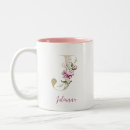Gouden Letter J, Monogram J, Roze Bloem Geschenk H Tweekleurige Koffiemok