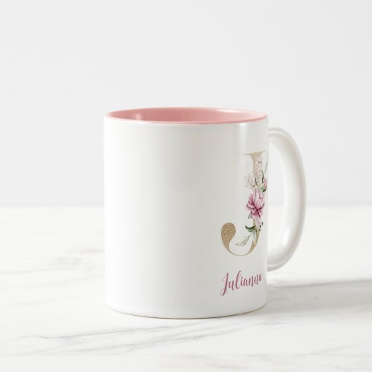 Gouden Letter J, Monogram J, Roze Bloemensieraden  Tweekleurige Koffiemok (Voorkant rechts)