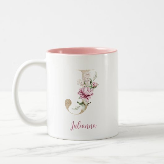 Gouden Letter J, Monogram J, Roze Bloemensieraden  Tweekleurige Koffiemok (Links)