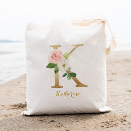 Gouden Letter K en Roze Bloemen Persoonlijk Tote Bag