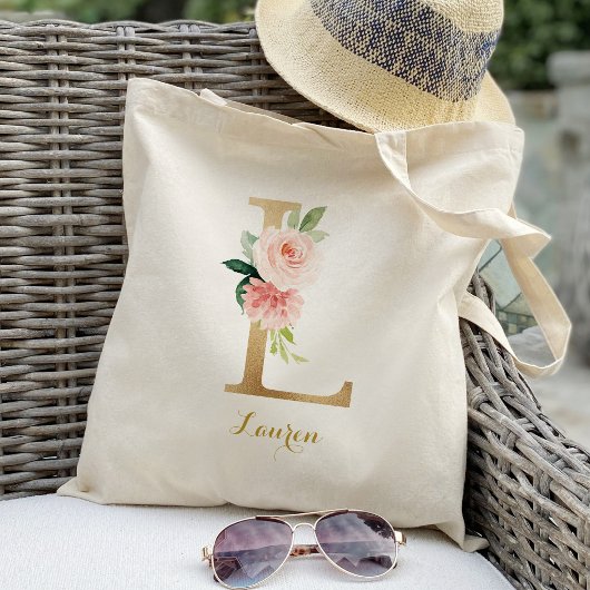 Gouden Letter L en Roze Bloemen Personalized Tote Bag