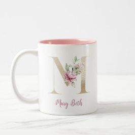 Gouden Letter M, Monogram M, Roze Bloemengeschenk  Tweekleurige Koffiemok