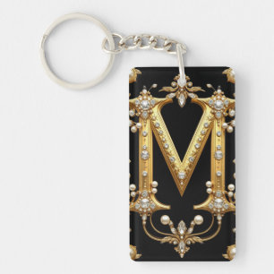 Gouden Letter M Monogram Met Diamanten en Parels Sleutelhanger