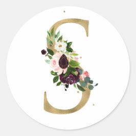 Gouden letter MONOGRAM boho bordeauxrode bloemen C Ronde Sticker