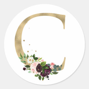 Gouden letter MONOGRAM boho bordeauxrode bloemen  Ronde Sticker