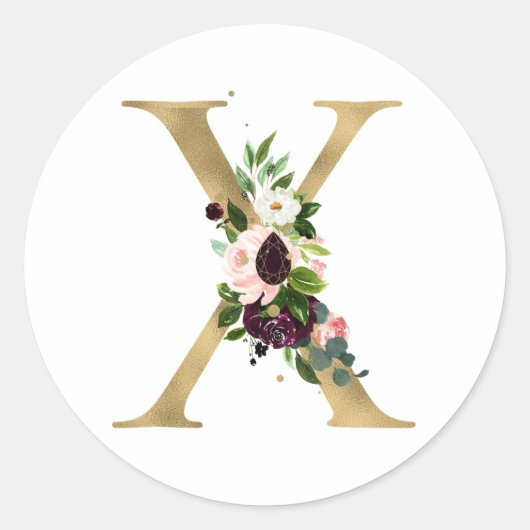 Gouden letter MONOGRAM boho bordeauxrode bloemen Ronde Sticker (Voorkant)