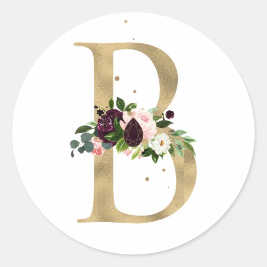 Gouden letter MONOGRAM boho bordeauxrode bloemen Ronde Sticker (Voorkant)