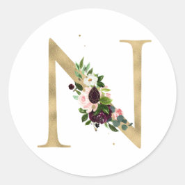 Gouden letter MONOGRAM boho bordeauxrode bloemen Ronde Sticker