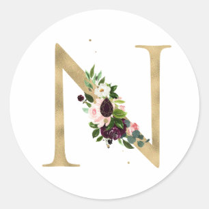 Gouden letter MONOGRAM boho bordeauxrode bloemen   Ronde Sticker
