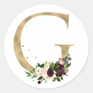 Gouden letter MONOGRAM boho bordeauxrode bloemen   Ronde Sticker