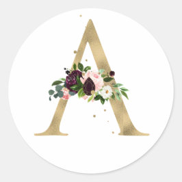 Gouden letter MONOGRAM boho bordeauxrode bloemen Ronde Sticker