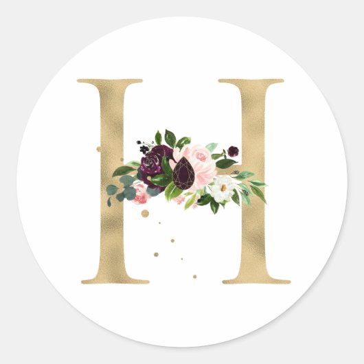 Gouden letter MONOGRAM boho bordeauxrode bloemen S Ronde Sticker (Voorkant)