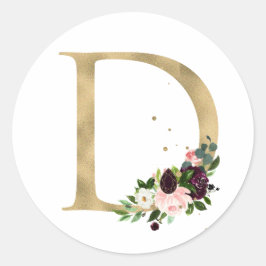 Gouden letter MONOGRAM boho bordeauxrood bloemen   Ronde Sticker