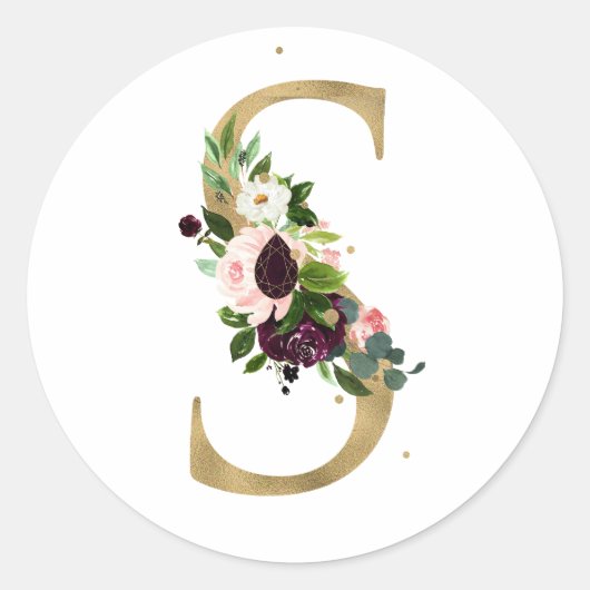 Gouden letter MONOGRAM boho burgundy bloemen Cla Ronde Sticker (Voorkant)