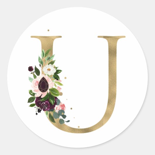 Gouden letter MONOGRAM boho burgundy bloemen Cla Ronde Sticker (Voorkant)