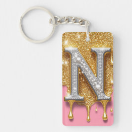 Gouden Letter N Initiaal Diamant Roze Achtergrond  Sleutelhanger