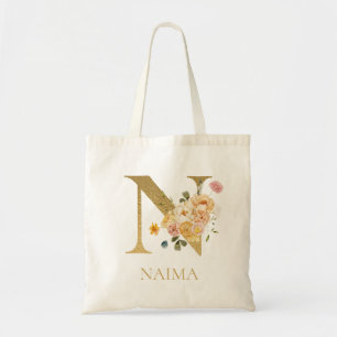 Gouden Letter N Monogram Bloemrijke Waterverf Tote Bag
