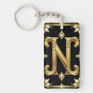 Gouden Letter N Monogram Met Diamanten en Parels Sleutelhanger