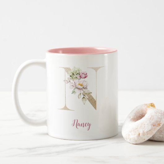 Gouden letter N, monogram N, roze bloem cadeau voo Tweekleurige Koffiemok (Met donut)