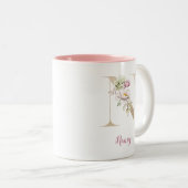 Gouden letter N, Monogram N, Roze bloemencadeau vo Tweekleurige Koffiemok (Voorkant rechts)