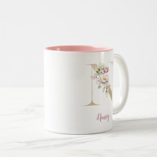 Gouden letter N, Monogram N, Roze bloemencadeau vo Tweekleurige Koffiemok (Voorkant rechts)