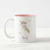 Gouden letter N, Monogram N, Roze bloemencadeau vo Tweekleurige Koffiemok (Links)