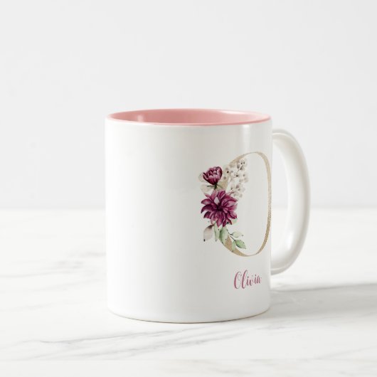 Gouden Letter O  , Monogram O, Roze Bloemenschenki Tweekleurige Koffiemok (Voorkant rechts)