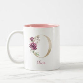 Gouden Letter O , Monogram O, Roze Bloemensierad G Tweekleurige Koffiemok