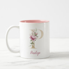 Gouden Letter P, Monogram P, Roze Bloemen Cadeau V Tweekleurige Koffiemok