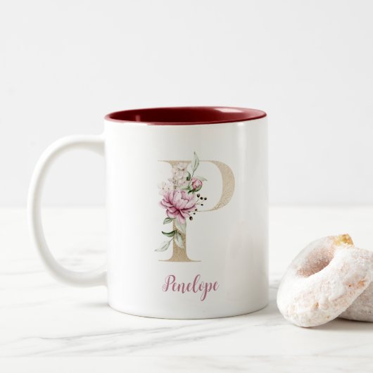 Gouden Letter P, Monogram P, Roze Bloemenschenking Tweekleurige Koffiemok (Met donut)